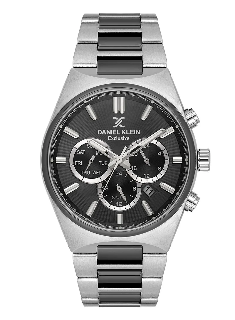 DANIEL KLEIN Men's Stainless Steel Silver and Black Alloy Case Analog Black Round Emboss Dial Japanese Quartz Exclusive 50 Meters Water Resistant
